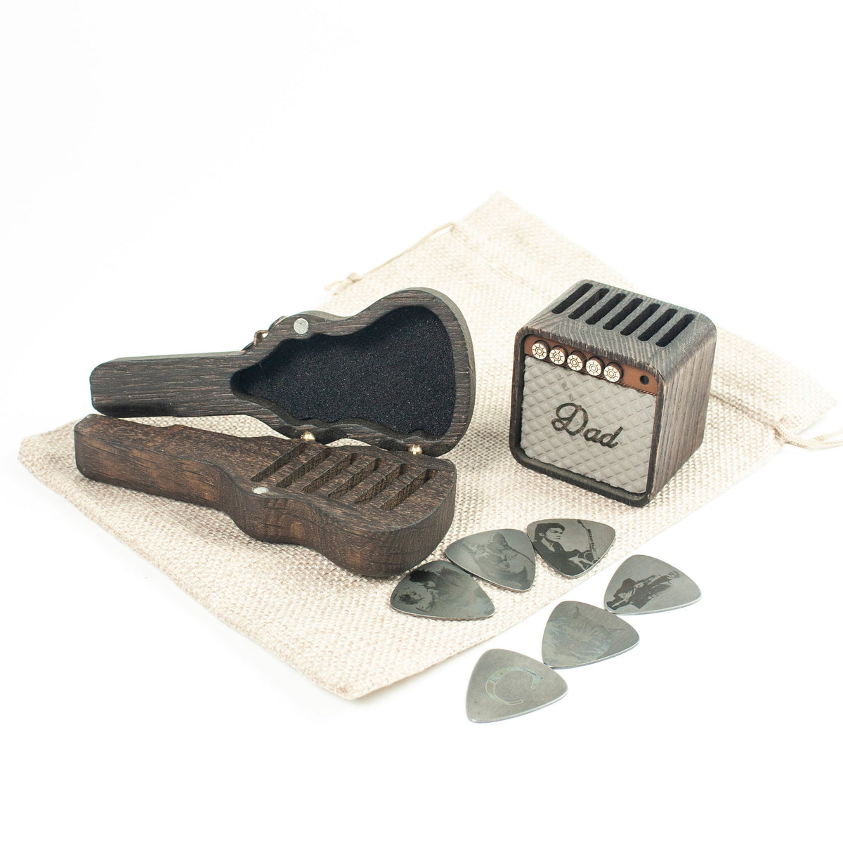 Music Lover’s Set: Guitar-Shaped Box, Black Patifon-Shaped Stand & 6 Metal Picks
