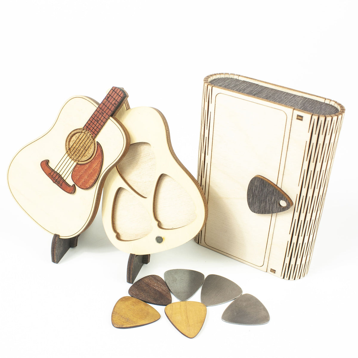 #pack_Guitar + gift box + 3 steel picks + 3 wood picks